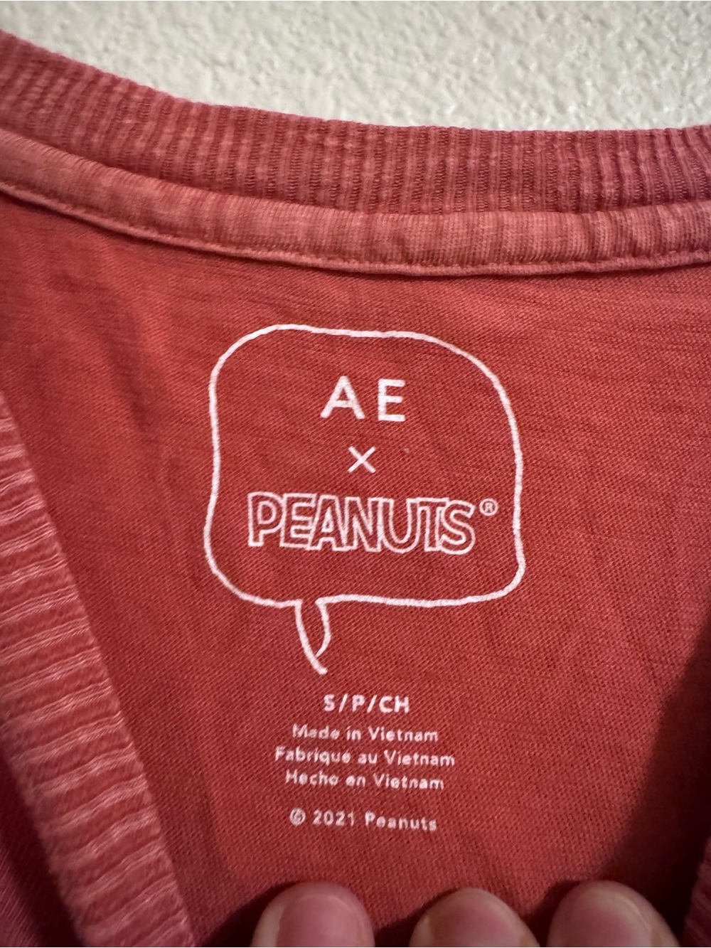 American eagle Peanuts Vintage-Style Maroon Graphic Tee with Striped Sleeves - Picture 2 of 3